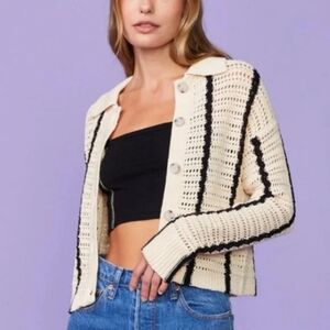 NWOT Monrow Vertical Stripe Cream Knit Crochet Cardigan